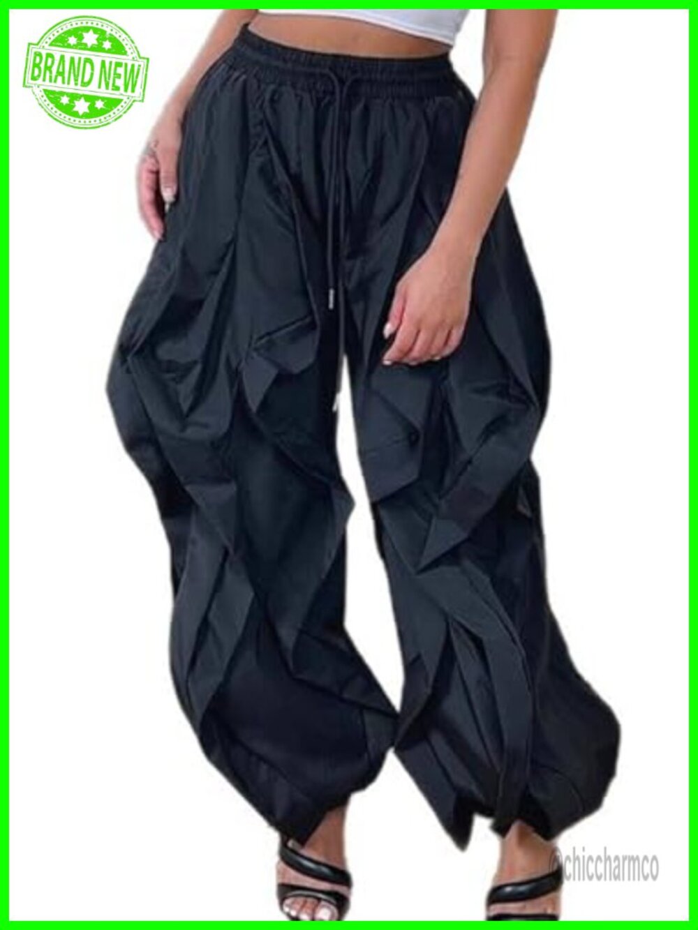 YAWJET Women's Baggy Cargo Pants High Waisted Ruffle Patchwork Drawstring Long